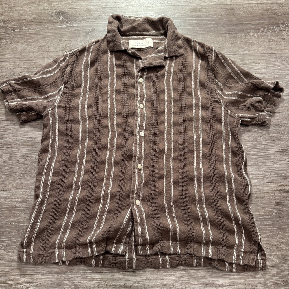 Abercrombie Shirt Mens S Brown Striped Linen Blend Summer Beach Boho Camp Collar